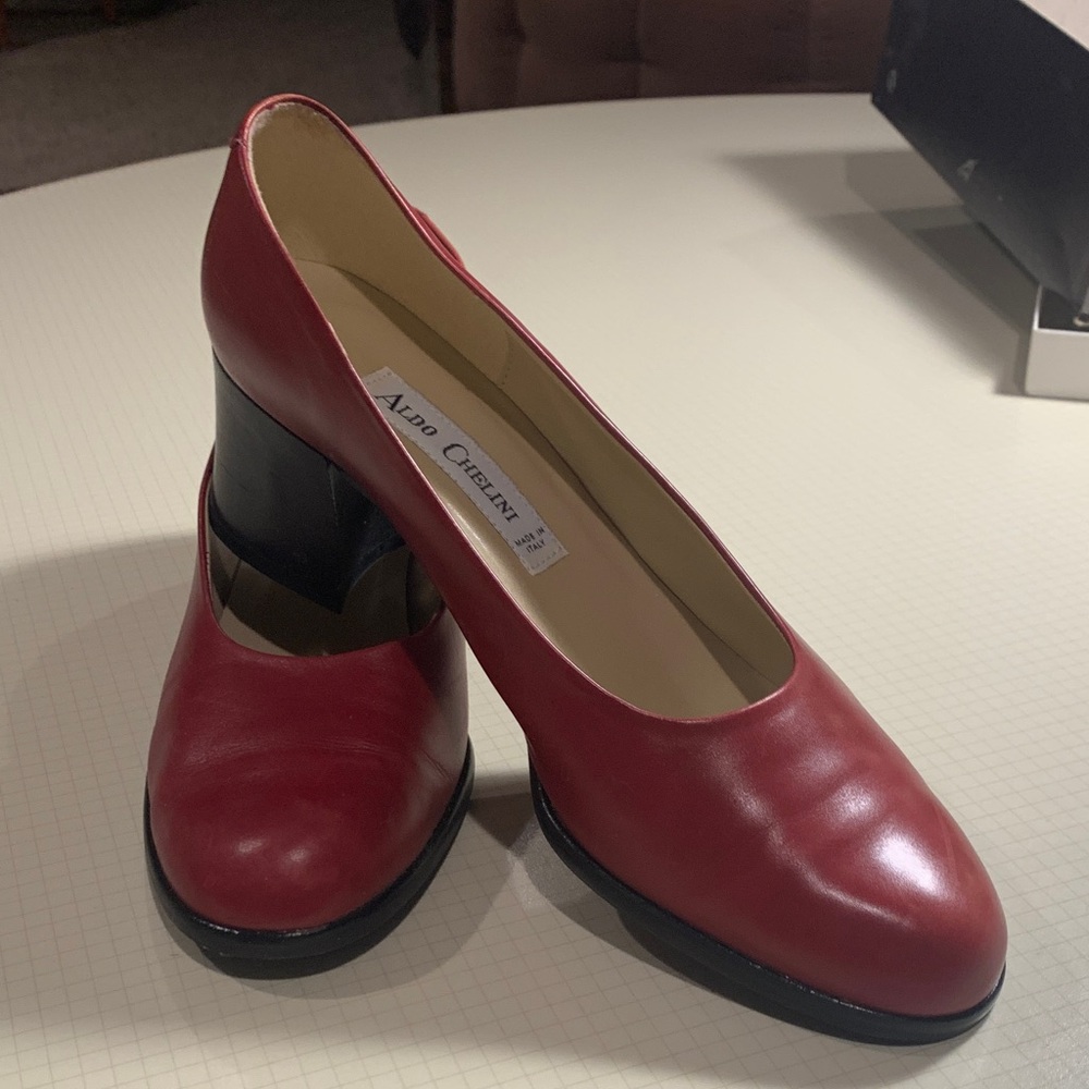 Red Leather Mid Block Heel Pumps
